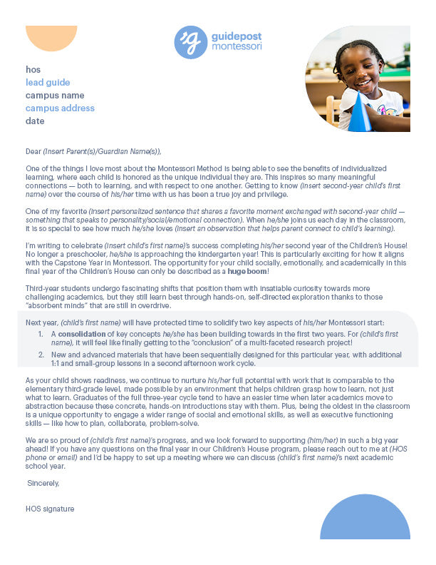 Guidepost Second Year Children's House Letter - Editable in MediaValet
